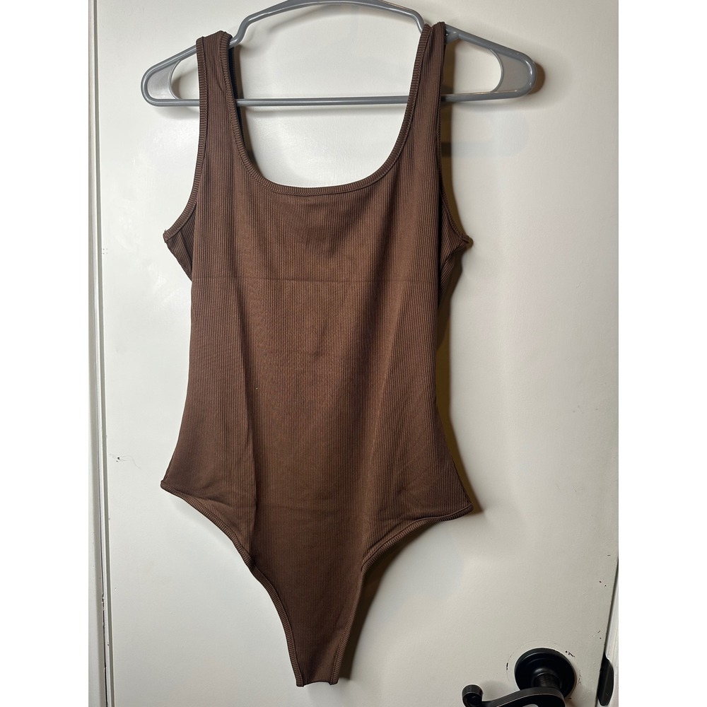 Chocolate Brown Ribbed Knit Sleeveless Bodice Scoop Neck Thong Bodysuit Large